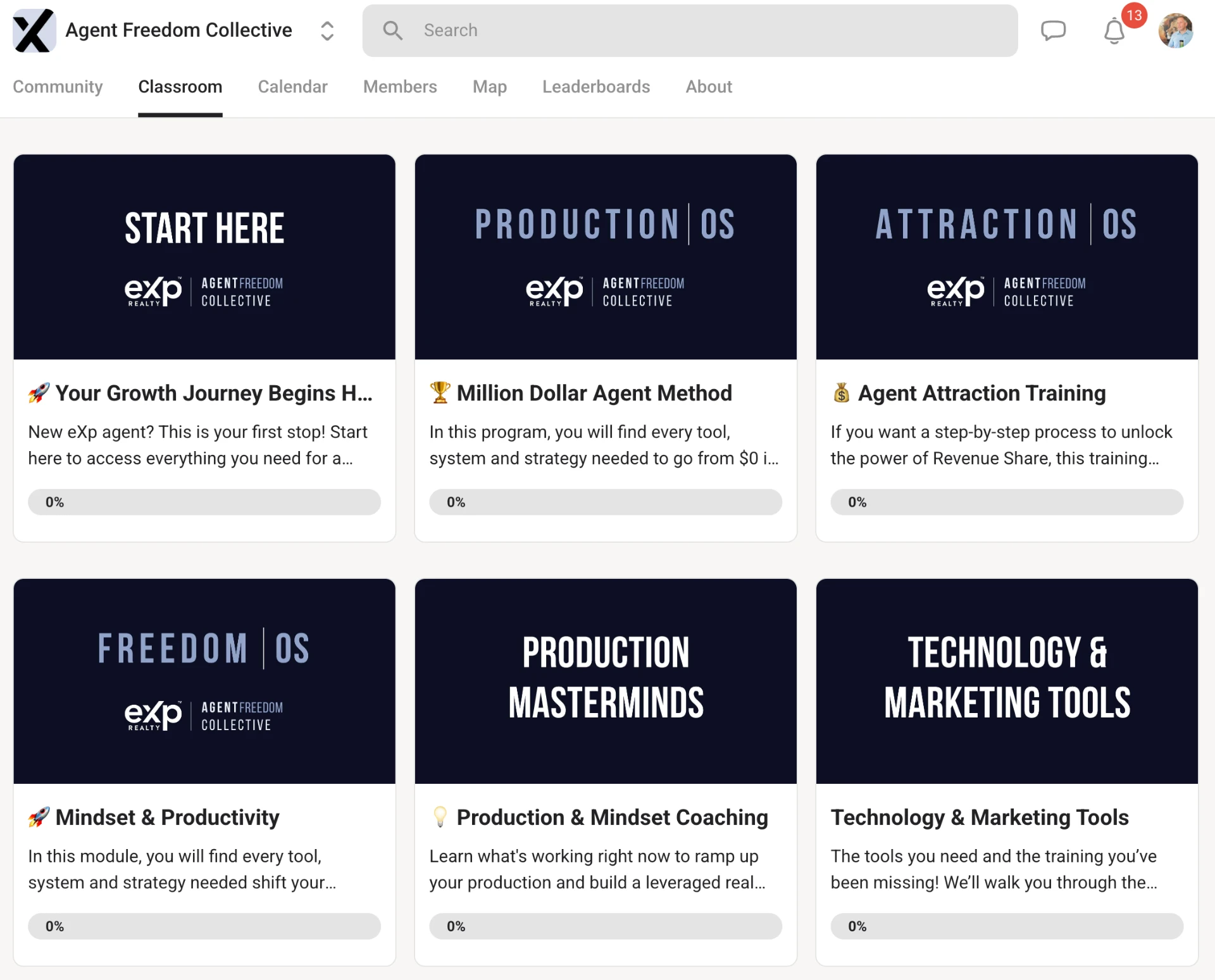 Agent Freedom Collective community hub showing the learning environment with Start Here, Production OS, Attraction OS, Freedom OS, Production Masterminds and Technology & Marketing Tools paths.