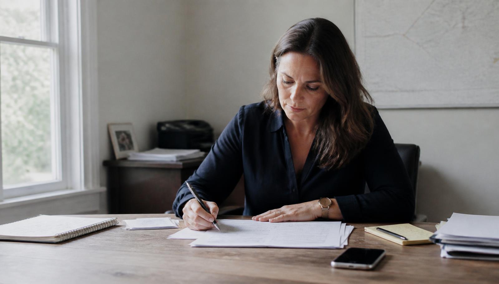 A real estate agent working through paperwork at a desk during a normal workday